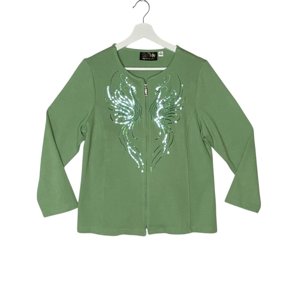 Bob Mackie Knit Jacket Womens Medium Green Sequin Phoenix Wearable Art Zip Close